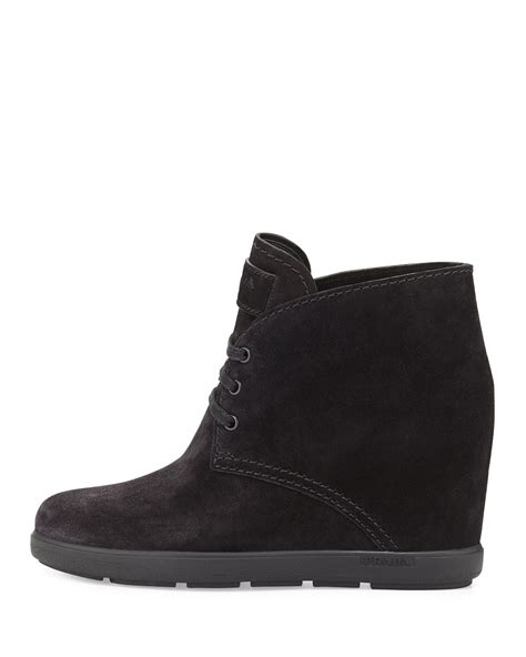 Prada Linea Rossa Suede Desert Wedge Boot, Black (Nero)